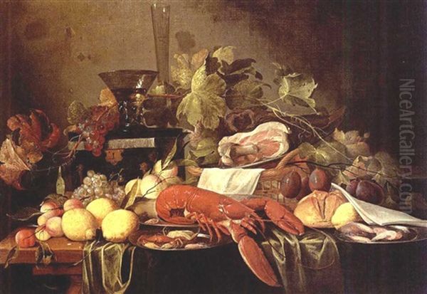 A Still Life With A Lobster, Crabs And Shrimps On Silver Plates, Lemons, Apricots, Black And White Grapes, Prunes, A Ham In A Basket, And A Bun Together With A Berkemeier On A Box And A Flute - view 1