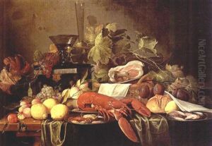 A Still Life With A Lobster, Crabs And Shrimps On Silver Plates, Lemons, Apricots, Black And White Grapes, Prunes, A Ham In A Basket, And A Bun Together With A Berkemeier On A Box And A Flute