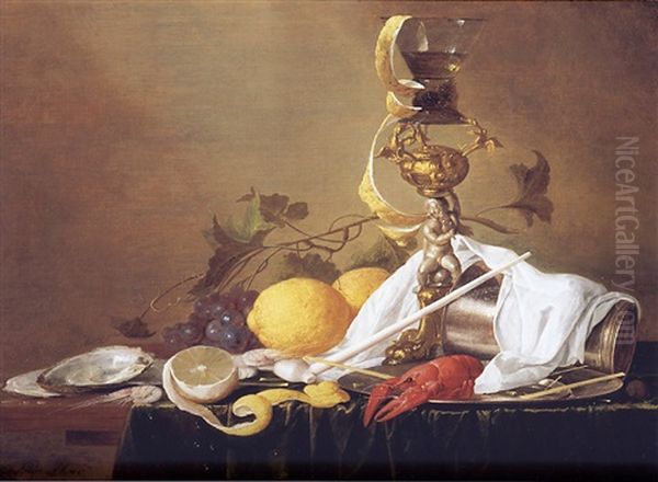 Still Life Of A Wine Glass On A Parcel-gilt Stand, An Overturned Silver Beaker And A Lobster On A Pewter Plate, Together With A Clay Pipe, Lemons, Grapes, Shrimps And Oysters, All Arranged On A Table - view 1