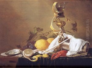 Still Life Of A Wine Glass On A Parcel-gilt Stand, An Overturned Silver Beaker And A Lobster On A Pewter Plate, Together With A Clay Pipe, Lemons, Grapes, Shrimps And Oysters, All Arranged On A Table by Jan Davidsz De Heem