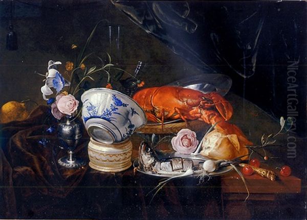 A Dutch Delft Blue And White Porcelain Bowl, A Sliced Herring With Spring Onions On A Pewter Plate With Bread, Cherries, A Knife And A Rose, A Lobster On A Pewter Plate In A Basket, All On A Table - view 1