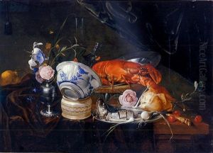 A Dutch Delft Blue And White Porcelain Bowl, A Sliced Herring With Spring Onions On A Pewter Plate With Bread, Cherries, A Knife And A Rose, A Lobster On A Pewter Plate In A Basket, All On A Table
