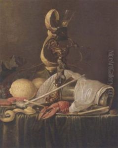 Lemons, Grapes On The Vine, Prawns, A Lobster On A Pewter Dish And A Roemer On A Stand, On A Draped Table