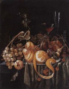 A Still Life Of Grapes, Apricots, Plums, Cherries And A Peeled Orange, Together With Glasses On A Table