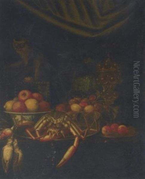 A Monkey Holding A Tureen Lid, A Crab, Dead Song Birds, Bowls Of Mixed Fruit, Pewter Platters, A Roemer, And A Gilt Goblet On A Table - view 1