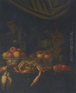 A Monkey Holding A Tureen Lid, A Crab, Dead Song Birds, Bowls Of Mixed Fruit, Pewter Platters, A Roemer, And A Gilt Goblet On A Table by Jan Davidsz De Heem