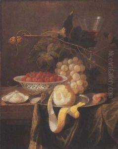 Des Fraises Dans Un Assiette, Un Citron, Une Crevette Et Des Noisettes Dans Un Plat En Etain, Une Huitre, Des Raisins Et Un Verre Sur Un Etablement Drape by Jan Davidsz De Heem