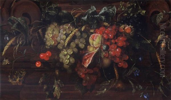 A Still Life With White And Blue Grapes, Peaches, Cherries, A Fig, An Ear Of Wheat, Oak Leaf, Acorns And Others, Together With Borage And Flowers - view 1
