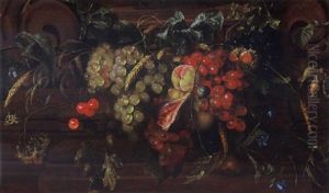 A Still Life With White And Blue Grapes, Peaches, Cherries, A Fig, An Ear Of Wheat, Oak Leaf, Acorns And Others, Together With Borage And Flowers A Still Life With White And Blue Grapes, Peaches, Cherries, A Fig, An Ear Of Wheat, Oak Leaf, Acorns And Others, Together With Borage And Flowers
