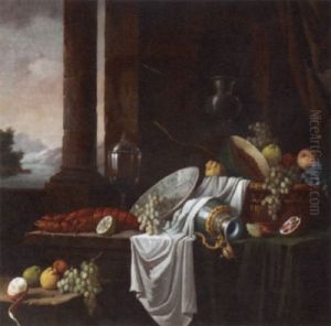 A Basket Of Fruit, An Overturned Ewer, A Porcelain Bowl With Grapes And A Lobster On A Partially Covered Table In An Architectural Interior, A Landscape Beyond