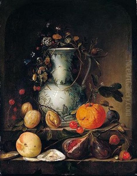 Still Life Of A Blue And White Porcelain Vase, With A Garland Of Flowers And Acorns, Together With Figs And Other Fruits Upon A Stone Ledge - view 1