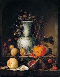 Still Life Of A Blue And White Porcelain Vase, With A Garland Of Flowers And Acorns, Together With Figs And Other Fruits Upon A Stone Ledge by Jan Davidsz De Heem
