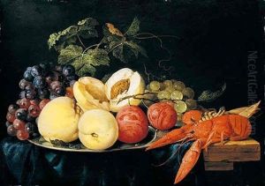 A Still Life Of Peaches, Plums, And Black And Green Grapes On A Silver Plate, And Crayfish, All On A Table Partly Draped With A Blue Cloth by Jan Davidsz De Heem
