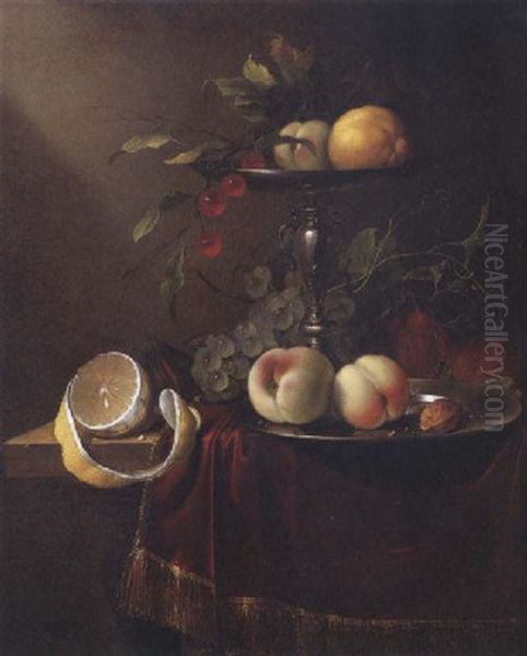 Still Life Of Peaches, Grapes And Cherries On A Silver Tazza, With Peaches On A Pewter Plate, A Lemon And Other Fruit On A Draped Table - view 1