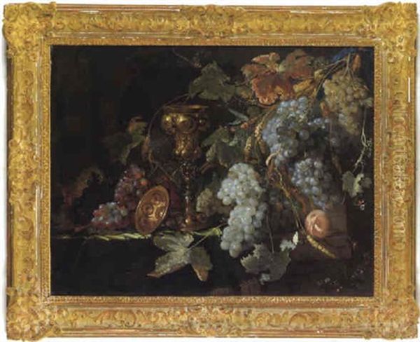 Stilleben Mit Einem Vergoldeten Traubenpokal, Weintrauben, Pfirsich, Maiskolben, Kastanie, Brombeere, Schmetterlinge, Libelle Und Einer Schnecke - view 1
