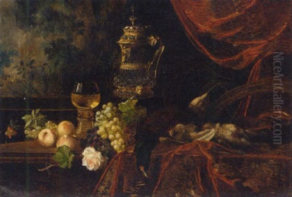 Assorted Fruits, Flowers And Game With A Roemer Glass And Silver Tankard On A Table - view 1