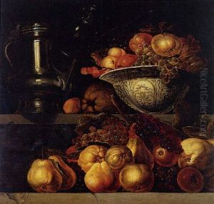 Still Life Of Fruit Resting On A Ledge, With A Wan-li Porcelain Bowl Filled With Fruit And A Pewter Jug Resting On A Ledge Above by Jan Davidsz De Heem