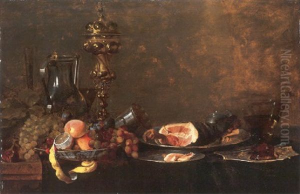 Peaches, Grapes And A Partly-peeled Lemon In A Wanli Kraak Porselein Bowl, With A Ham On A Pewter Platter, A Cup And Cover, A Flagon And A Roemer - view 1