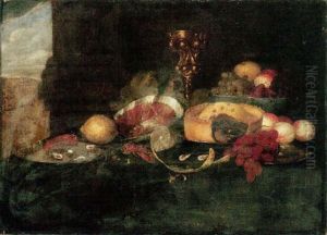 Still Life Of Fruit In A Blue And White Porcelain Bowl, Grapes, Peaches, A Pie, Peeled And Whole Lemons On Pewter Plates