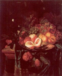 Still Life Of Peaches And Shrimps On A Pewter Plate, With Other Fruit, A Roemer And A Ring, On A Draped Plinth