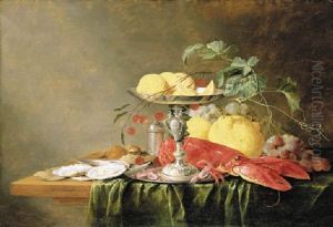 A Silver Tazza With Lemons, A Silver Pepper Mill, A Lobster, Shrimps, Oysters, Nuts, Lemons, Cherries And Grapes On A Partially Draped Table by Jan Davidsz De Heem