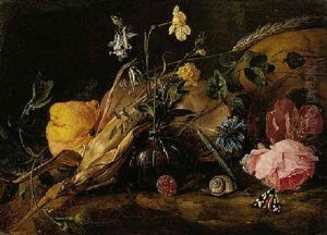 A Still Life With Flowers In A Glass Vase, A Lemon, An Ear Of Corn And A Skull, Snail And Butterflies by Jan Davidsz De Heem