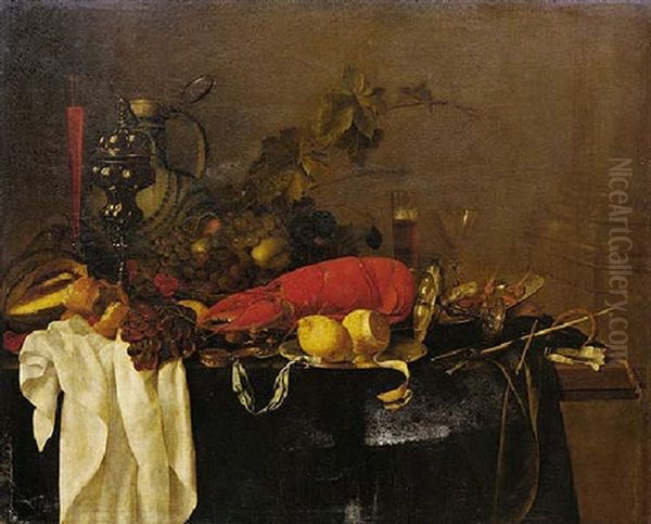 A Still Life With A Lobster, Fruit, Lemons, A Porcelain Jug, Pewter Vessels And A Wine Glass, On A Table Draped In Green Velvet - view 1