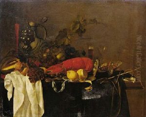 A Still Life With A Lobster, Fruit, Lemons, A Porcelain Jug, Pewter Vessels And A Wine Glass, On A Table Draped In Green Velvet by Jan Davidsz De Heem