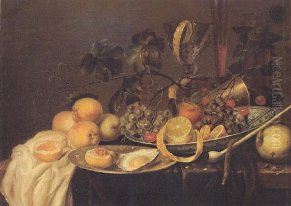 "grapes, A Peeled Lemon, An Orange And Cherries On A Wan-li Dish, A Flute And Facon De Venise Wineglass, A Peach And An Oyster On A Pewter Plate, A Pipe..." - view 1