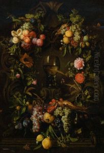 A Swag Of Grapes, Peaches, Plums And Lemons Decorating A Niche With A Roemer, With A Sparrow, Butterflies, Fly, Beetles And A Dragonfly