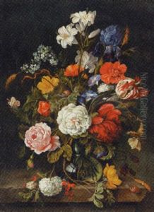 Roses, Lilies, A Parrot Tulip, An Iris And Other Flowers In A Glass Vase, With A Butterfly And Other Insects On A Marble Ledge by Jan Davidsz De Heem
