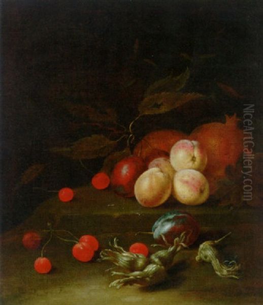 Peaches, Plums, Cherries And Cobnuts On A Ledge - view 1
