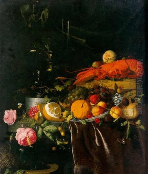 Fruit In A Waanli Kraak Porcelain Bowl, A Peeled Lemon, A Lobster, A Roemer, A Wine Glass And Flowers On A Draped Ledge - view 1