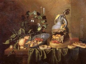 A Still Life Of A Roemer, A Flute, A Jug, Nuts In A Wan-li Porcelain Bowl And Paper Bag, A Glass Beaker, Sweetbread, And Ivy