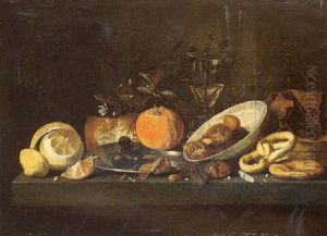 Still Life Of Peeled Lemon, Oranges, Nuts In A Blue And White Porcelain Bowl, Biscuits, A Bread Roll, And Two Wine Glasses by Jan Davidsz De Heem