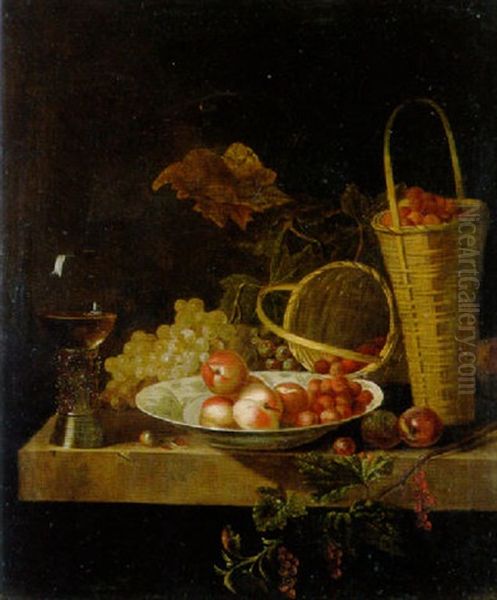 Stilleben Mit Fruchten, Weinglas Und Korben - view 1