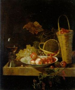Stilleben Mit Fruchten, Weinglas Und Korben