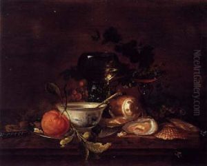 A Still Life With Walnuts, A Knife, An Orange And A Bowl On A Pewter Plate, A Peeled Lemon, Oysters, Grapes, A Tazza And A Roemer, All On A Wooden Table by Jan Davidsz De Heem