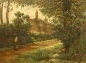 Wooded Lane With Cottage And Woman by Elias Mollineaux Bancroft