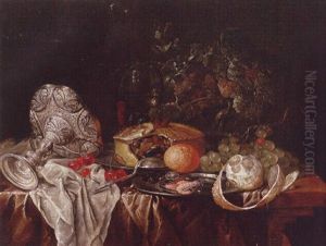 A Still Life Of An Up-turned Silver Tazza, Together With A Pie, Roemer, Wine Glass, Shrimps, Olives And Fruits Upon A Partly-draped Table Top by Jan Davidsz De Heem