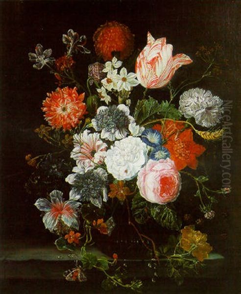 Roses, Carnations, Tulips And Other Flowers In A Glass Bowl On A Ledge With A Butterfly - view 1