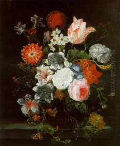 Roses, Carnations, Tulips And Other Flowers In A Glass Bowl On A Ledge With A Butterfly