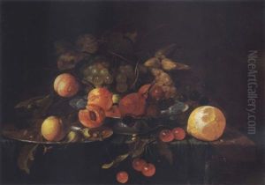 Still Life Of Pewter Plate With Fruit And Other Objects On A Gold-hemmed Cloth On Top Of A Stone Table