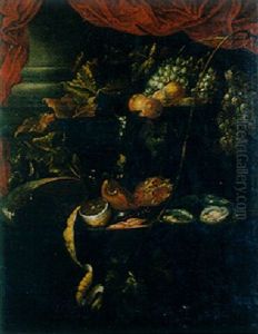 Grapes, Vines, Peaches And A Fob-watch On A Jewlery Box, Shrimps And A Peeled Lemon On A Plate, Oysters, A Pomegranate, A Berkmeyer And A Nautilus Shell On A Draped Table by Jan Davidsz De Heem