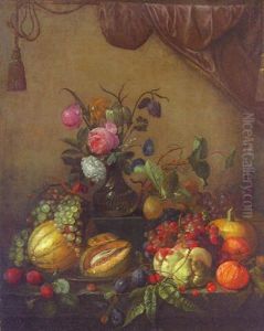 Fruit, A Glass Of Wine And A Vase Of Flowers Before A Wall Draped With A Curtain