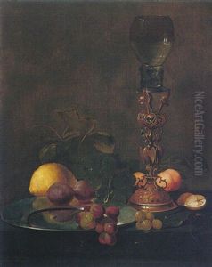 Still Life Of Grapes And Plums On A Pewter Plate, A Roemer On A Gilt Mount, Apricots, A Lemon And A Walnut On A Table