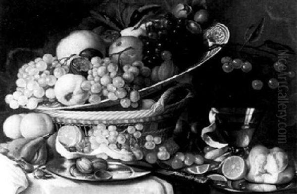 Grapes, Peach, Pomegranate, Quinch, Peeled Orange, Bun, Walnuts And Other Objects On A Draped Table - view 1