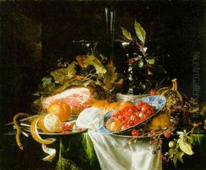 Strawberries And Peaches In A Bowl, An Orange And Other Fruit And A Ham On Pewter Plates, A Lit Taper And Other Objects On A Draped Table by Jan Davidsz De Heem