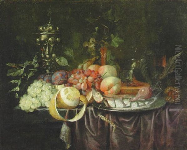 Grapes, Plums, And Others Fruits On A Draped Table With Others Objects - view 1