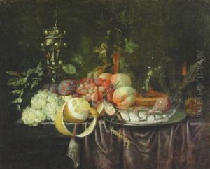 Grapes, Plums, And Others Fruits On A Draped Table With Others Objects by Jan Davidsz De Heem